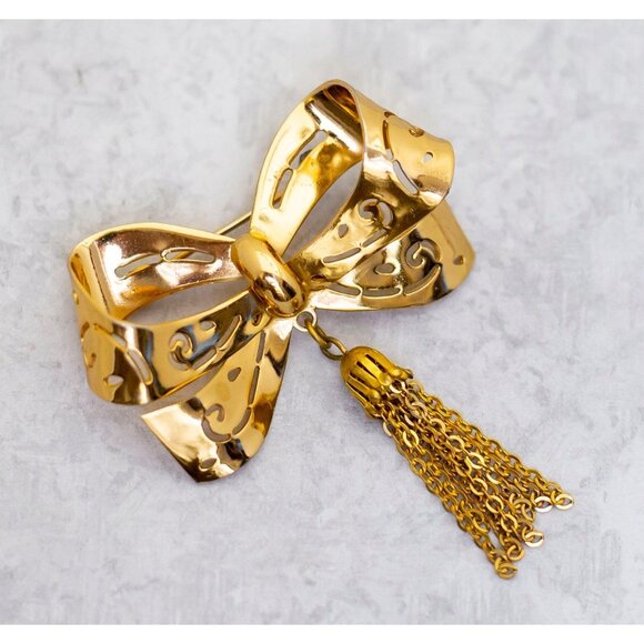 Vintage Ribbon Gold Tone Tassel Dangle Brooch - CM1 - Picture 1 of 3